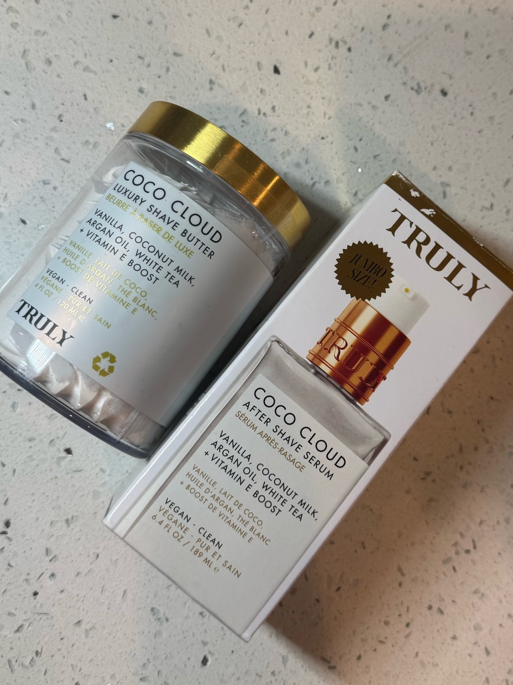 TRULY Coco Cloud Shave Butter & After Shave Serum — White & Gold Packaging